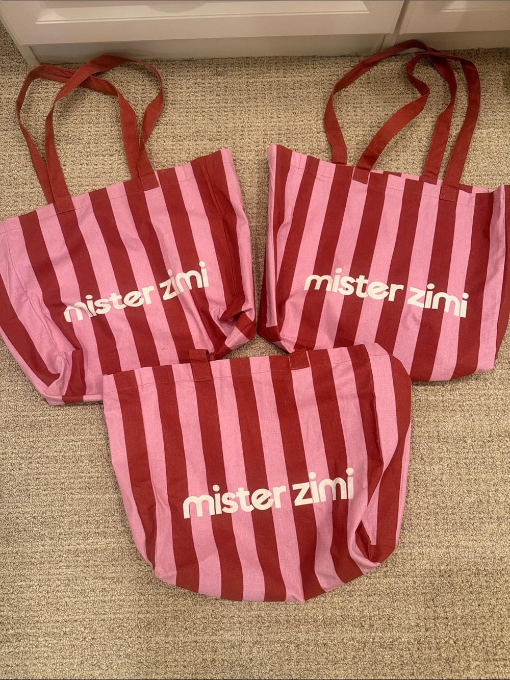3 Mister Zimi Pink and Red Striped Canvas Totes